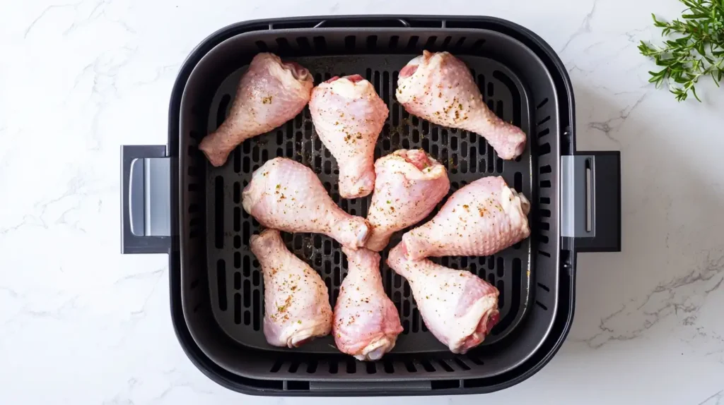 Raw chicken drumsticks seasoned and placed in an air fryer basket