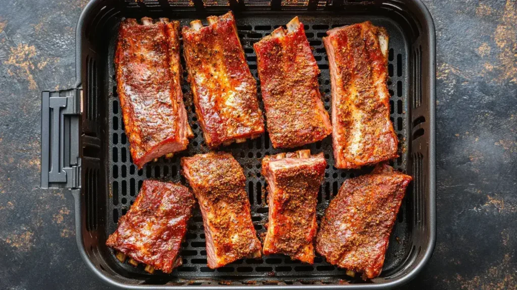 Air fryer basket with seasoned country style ribs ready to cook