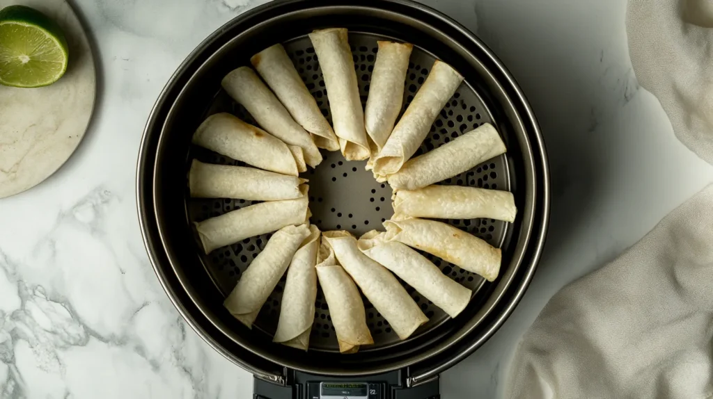 Frozen taquitos placed in an air fryer basket for cooking
