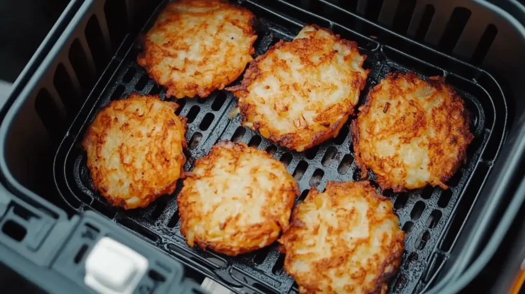 Hash brown patties in an air fryer basket ready to cook
