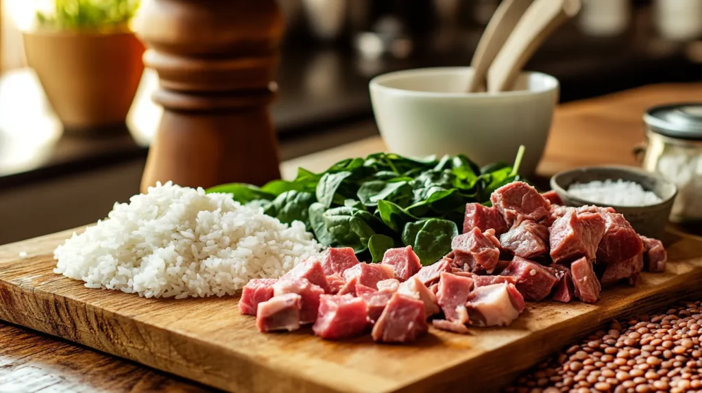 Raw Ingredients For Lamb Lentils Rice Spinach Recipe