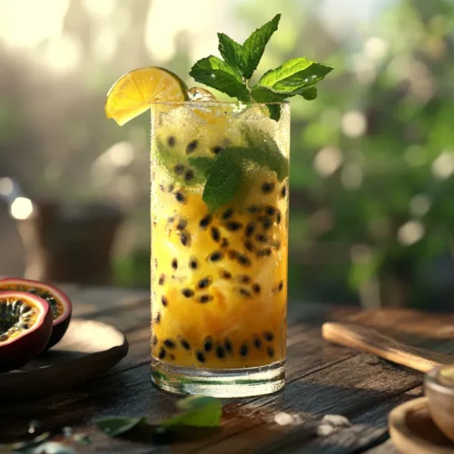 Refreshing Passion Fruit Mojito On A Rustic Table