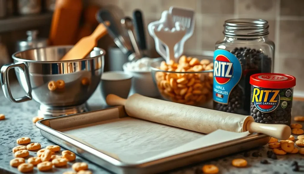 A collection of kitchen tools and equipment arranged neatly on a countertop, featuring a mixing bowl, measuring cups, a spatula, a baking tray lined with parchment paper, a rolling pin, and a jar of chocolate chips. The scene includes Ritz crackers scattered around, with a warm kitchen ambiance and soft natural lighting highlighting the ingredients and tools.