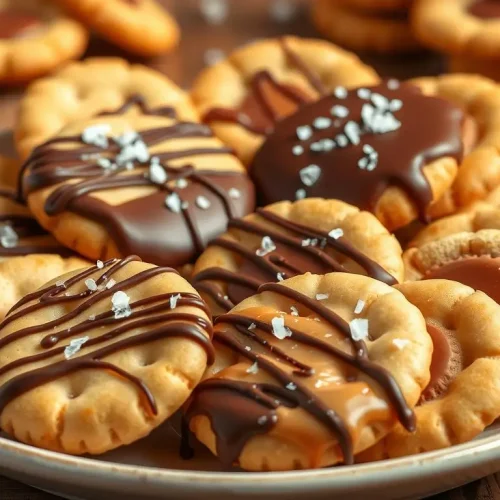 A beautifully arranged plate of homemade Ritz cracker cookies, featuring a variety of flavors such as chocolate-dipped, caramel drizzled, and peanut butter filled, with a rustic wooden background and a sprinkle of sea salt on top, warm and inviting atmosphere with soft natural lighting.