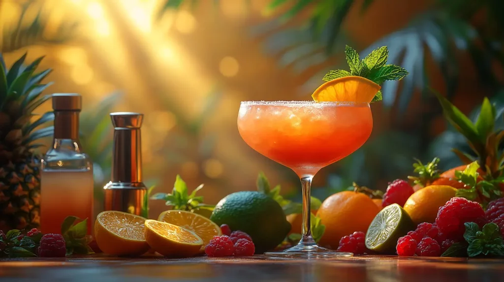 A vibrant, tropical scene featuring a classic cocktail setup, highlighting essential ingredients for a Saturn cocktail: a sleek glass filled with a colorful rum and gin-based drink, garnished with fresh citrus slices and a sprig of mint. Surrounding the glass, an array of fresh fruits such as pineapple, orange, and lime, along with small bottles of rum and gin, and a shaker with ice. The background should evoke a lush beach setting with palm leaves and soft sunlight filtering through, creating an inviting atmosphere.