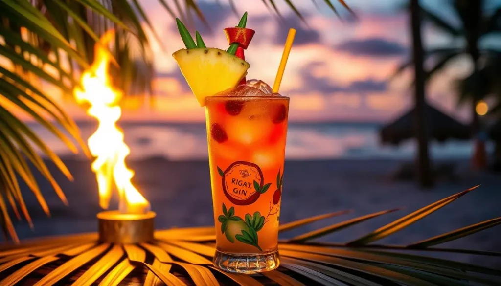A vibrant and colorful Tiki cocktail, featuring a blend of rum and gin, served in a decorative glass adorned with tropical fruits like pineapple and passion fruit, surrounded by lush green palm leaves, tiki torches softly glowing in the background, an inviting beach scene at sunset.
