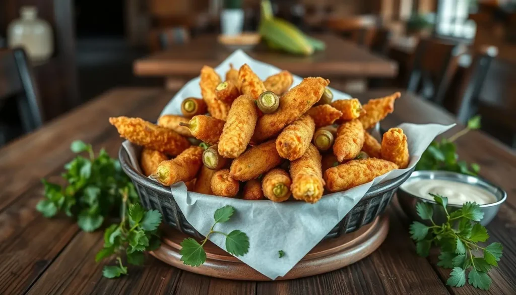 A rustic wooden table featuring a generous bowl of golden-brown fried okra, crispy and perfectly seasoned, surrounded by fresh herbs and a side of dipping sauce, with a warm Southern kitchen setting in the background, soft natural lighting highlighting the texture and color of the dish.