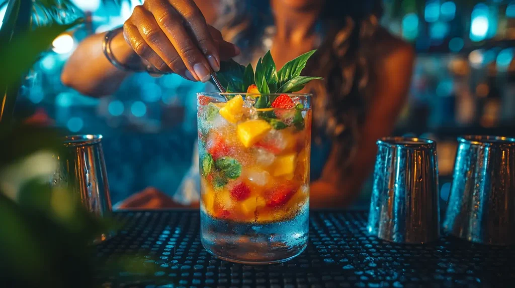 A vibrant tiki bar scene featuring a bartender skillfully mixing a tropical Saturn cocktail with rum and gin, colorful tropical ingredients like fresh fruit, herbs, and exotic garnishes, a variety of shakers and glassware, surrounded by lush palm leaves and tiki decor, bright and warm lighting evoking a lively atmosphere.