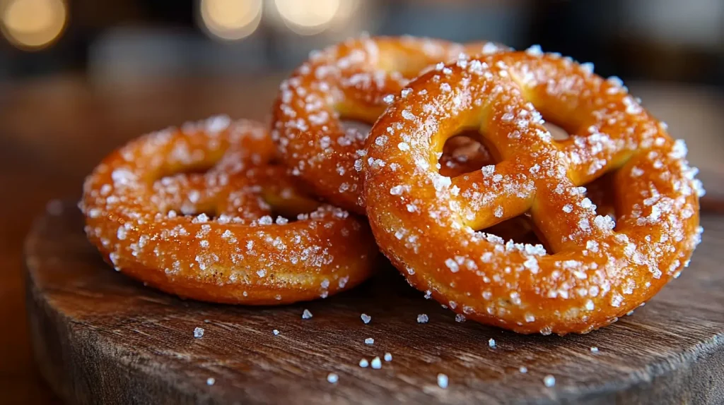 A close-up view of golden toffee-coated pretzels sprinkled with sea salt, arranged artfully on a rustic wooden surface, with a soft focus background of warm, cozy kitchen elements.