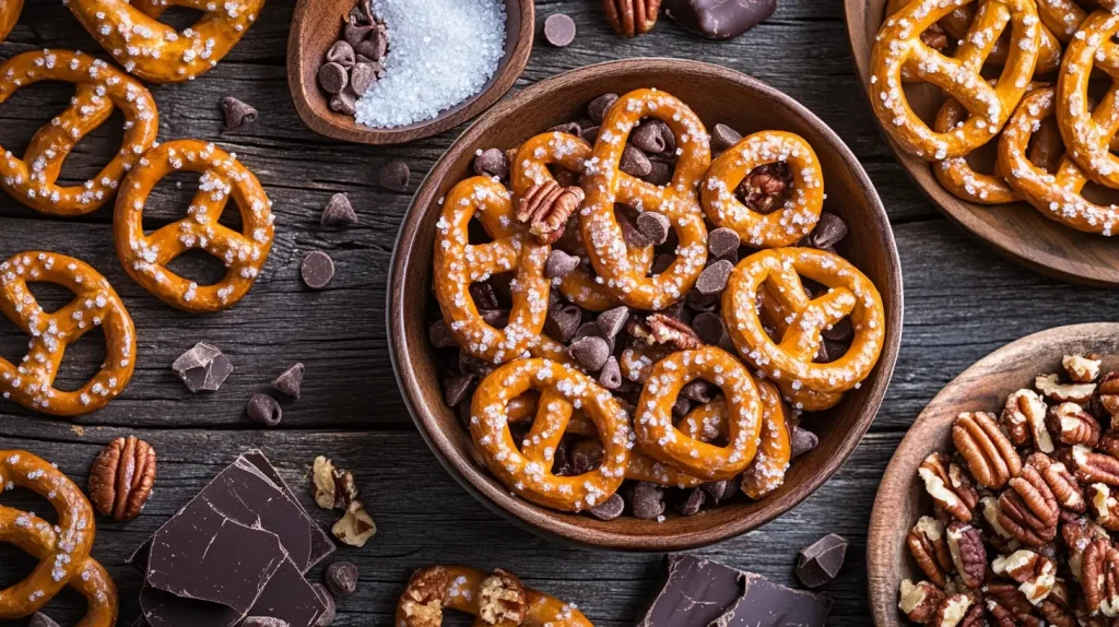 A vibrant and colorful spread of ingredients for making butter toffee pretzels, featuring clusters of soft, golden pretzels, a bowl of buttery toffee sauce glistening under soft light, granulated sugar crystals sparkling, and a sprinkle of coarse sea salt. Include scattered pecans and chocolate chips around the ingredients, with a rustic wooden background enhancing the cozy snack vibe.