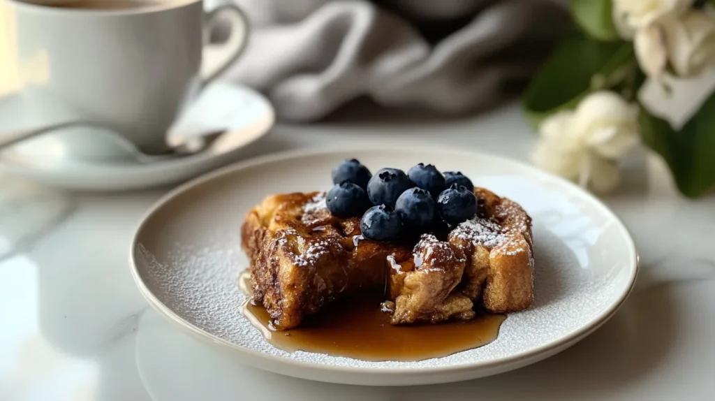 Air fryer French toast served with maple syrup and fresh blueberries, paired with coffee.