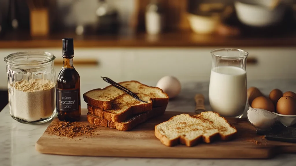 Ingredients for making air fryer French toast: brioche, eggs, vanilla extract, cinnamon, and milk.