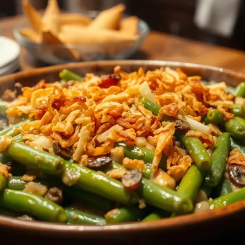 A steaming dish of green bean casserole, featuring vibrant green beans mixed in a creamy mushroom sauce, topped with crispy fried onions, served in a rustic ceramic dish, set on a wooden table with a cozy kitchen background, soft warm lighting highlighting the textures of the dish.