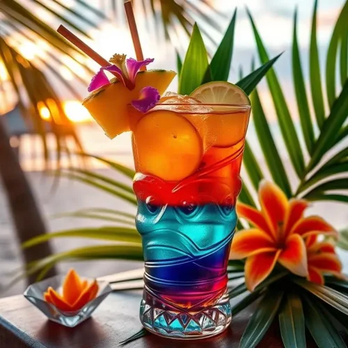 A vibrant tropical cocktail served in a decorative tiki glass, featuring layers of colorful rum and gin, garnished with fresh fruits like pineapple and lime, surrounded by lush green palm leaves and tropical flowers, with a backdrop of a sandy beach and a sunset sky.