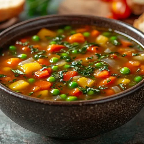 A colorful bowl of homemade vegetable soup, filled with vibrant vegetables like carrots, peas, and tomatoes, garnished with fresh herbs, surrounded by rustic bread and a cozy kitchen setting, soft natural lighting, steam rising from the soup, evoking warmth and comfort.