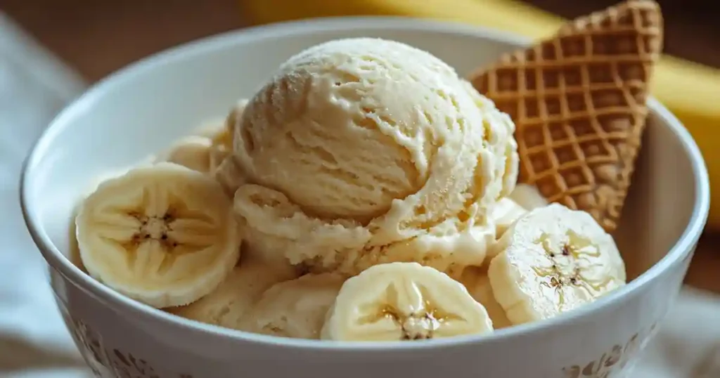 A scoop of ice cream topped with a vanilla wafer