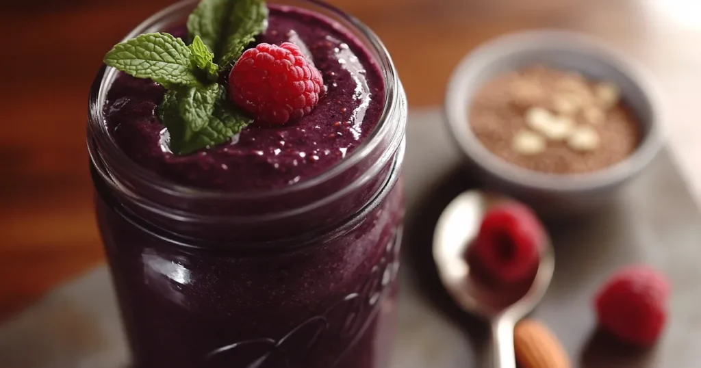 A mason jar filled with a thick, rich berry antioxidant smoothie