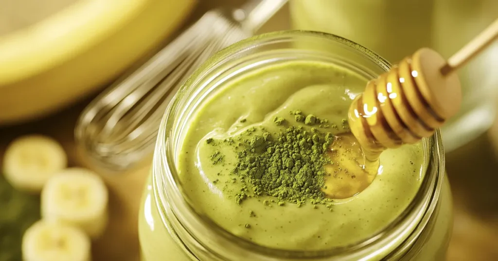 A thick and creamy Matcha Green Tea Smoothie in a mason jar with honey drizzle