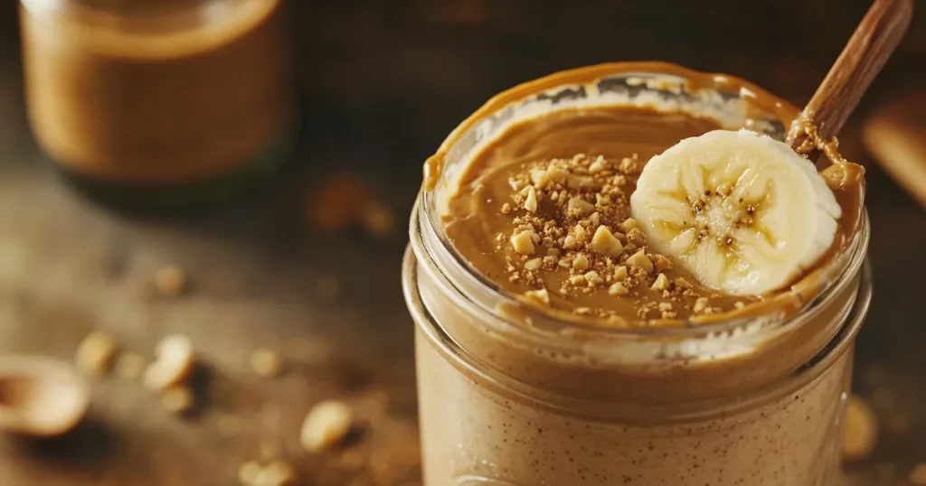 A thick Peanut Butter Banana Power Smoothie in a mason jar with peanut butter drizzle