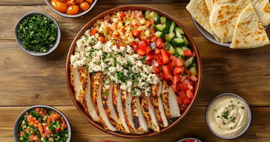 Chicken shawarma bowl with Middle Eastern side dishes