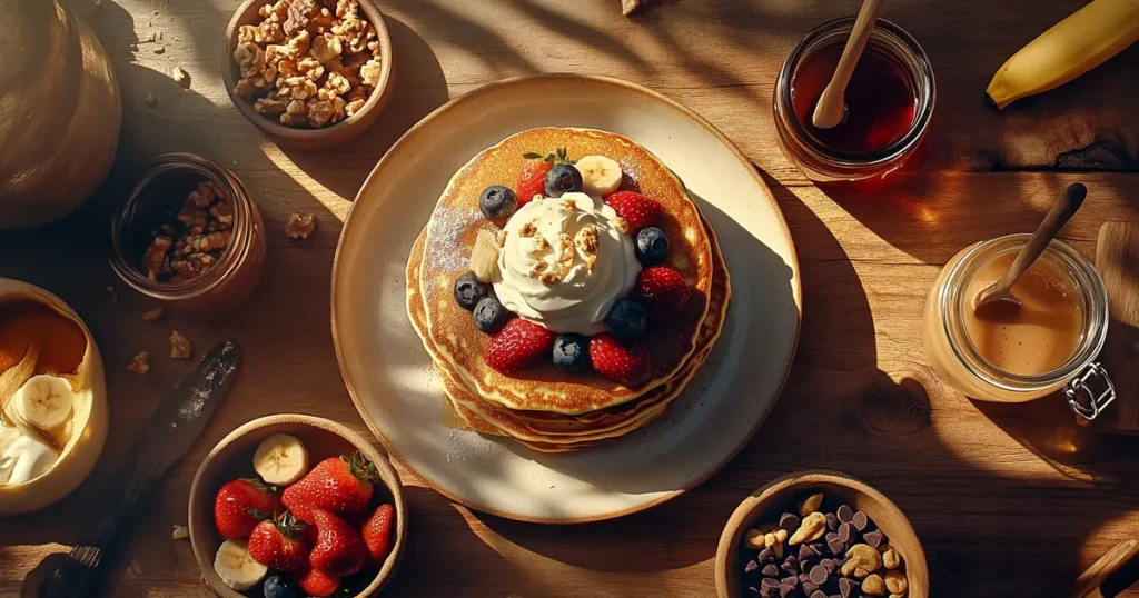 A variety of delicious pancake toppings, including fresh fruit, nuts, whipped cream, honey, and syrup, arranged around a stack of Bisquick pancakes.