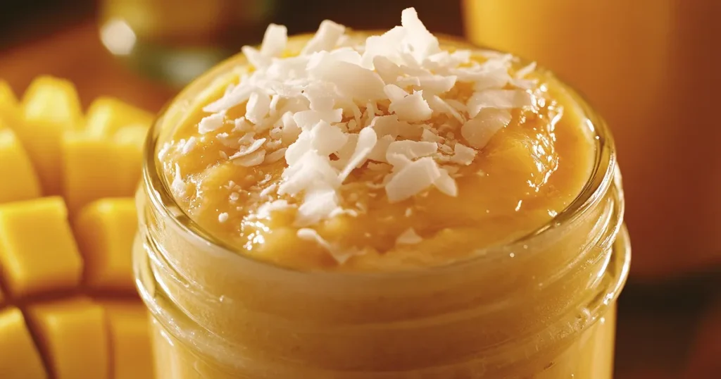 A thick and creamy Tropical Mango Coconut Smoothie in a mason jar