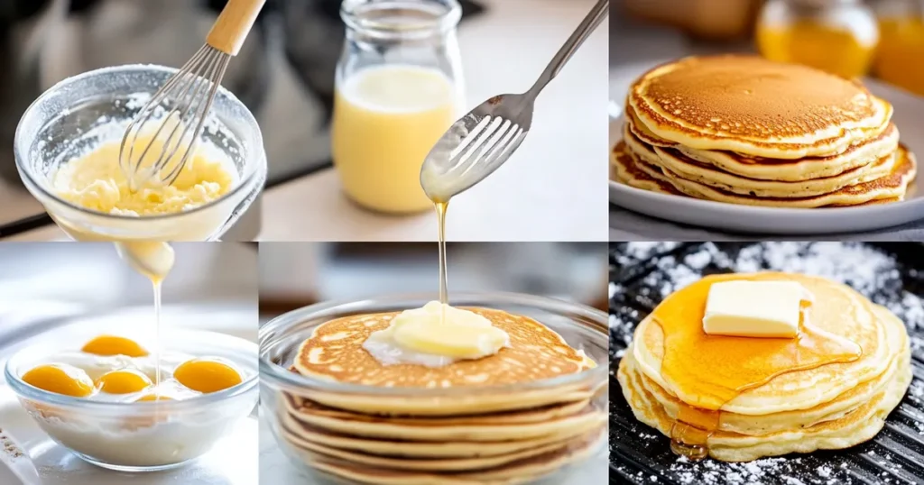 Step-by-step process of making Bisquick pancakes: mixing the batter, pouring onto the griddle, cooking until golden brown, and serving with butter and syrup.