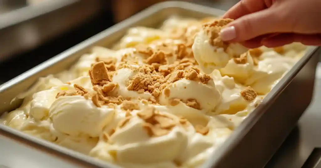 Crushed vanilla wafers being added to ice cream