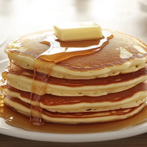 Stack of golden brown Bisquick pancakes with butter and syrup.