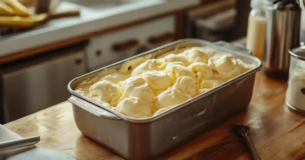 Ice cream in a loaf pan being placed in freezer
