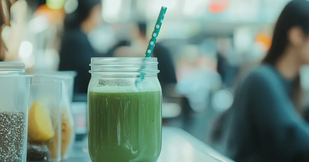 Green energy smoothie with superfoods like spirulina and matcha