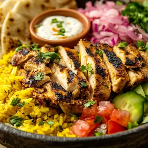 Delicious chicken shawarma bowl with rice and toppings