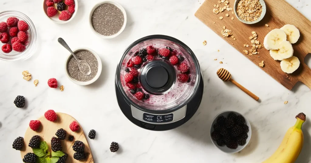 Ingredients for making a berry antioxidant smoothie in a blender