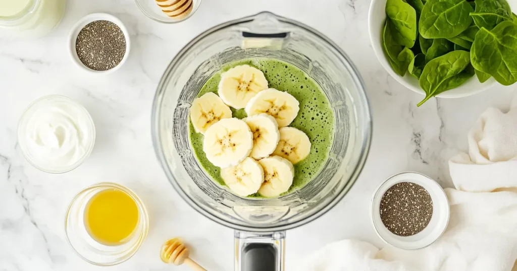 Ingredients for making a Matcha Green Tea Smoothie in a blender