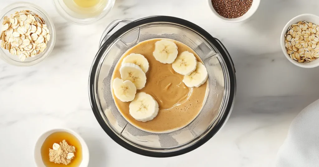 Ingredients for making a Peanut Butter Banana Power Smoothie in a blender