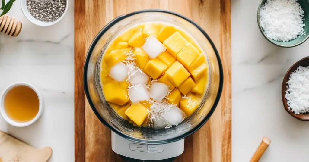 Ingredients for a Tropical Mango Coconut Smoothie in a blender