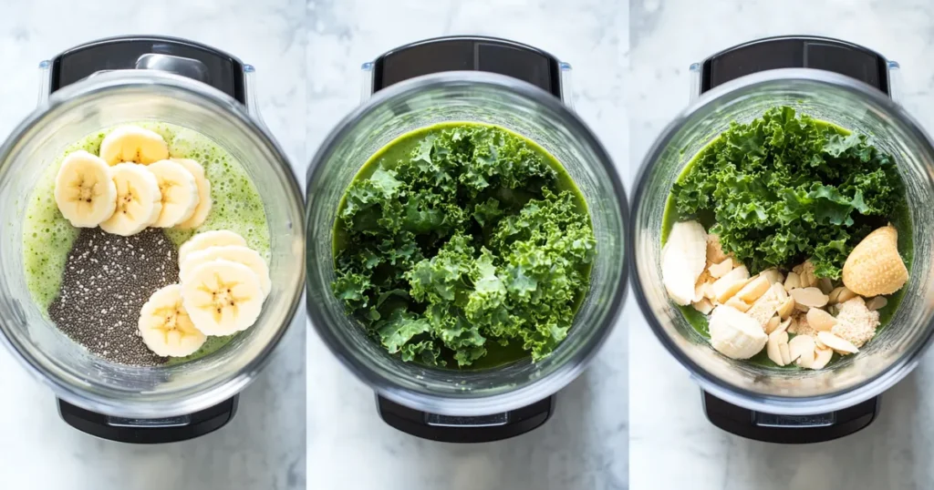 Ingredients for a green energy smoothie in a blender