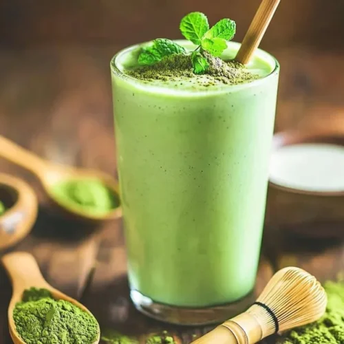 A vibrant matcha green tea smoothie with mint and matcha powder on top
