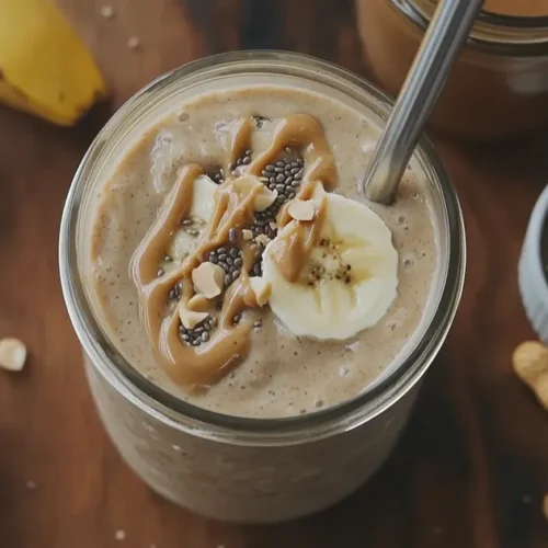 A peanut butter banana power smoothie with banana slices and peanut butter drizzle