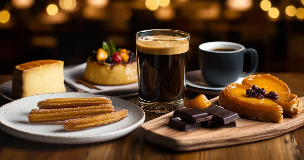 A table set with Spanish and Mexican food, including churros, flan, Manchego cheese, and jamón ibérico, paired with a rich, layered carajillo cocktail.