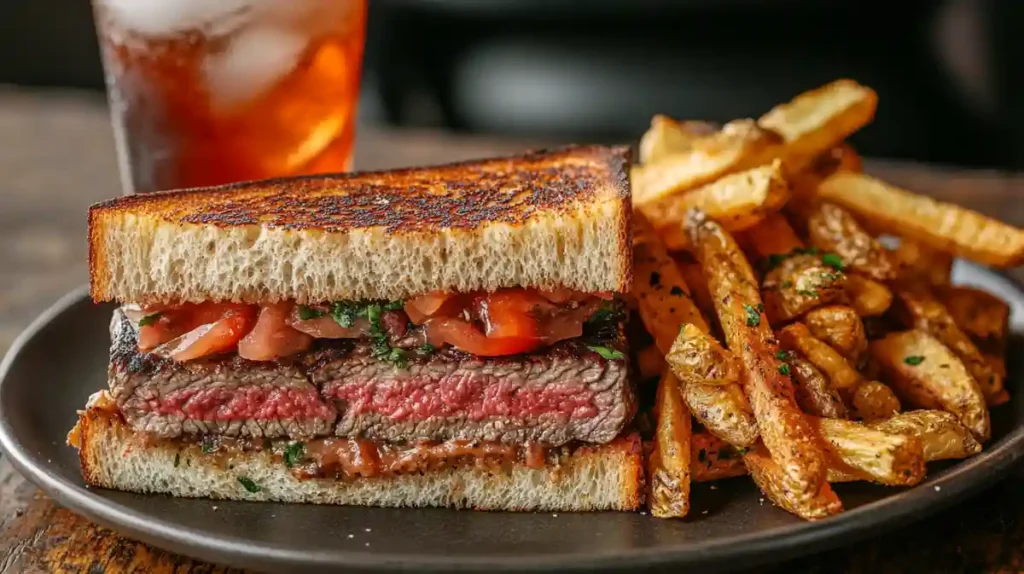 Steak sandwich served with fries
