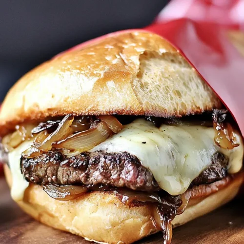 A juicy steak sandwich on toasted ciabatta with cheese and onions