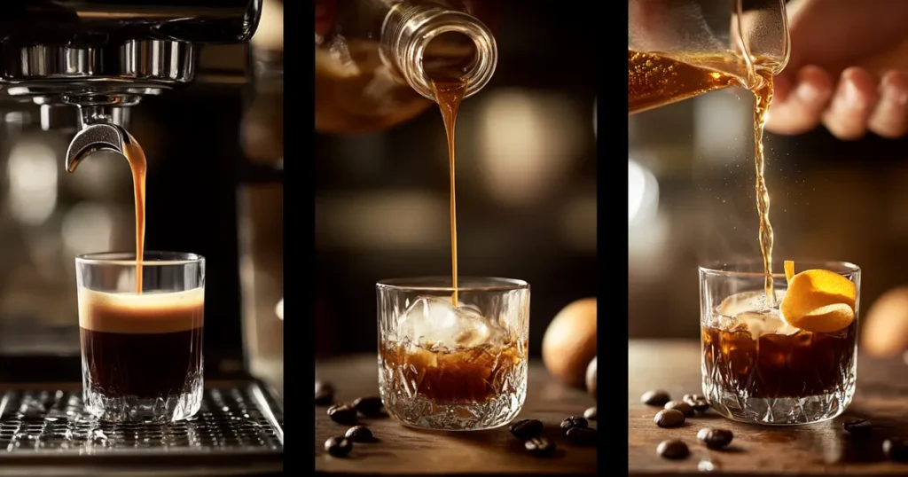 A detailed step-by-step collage of making a carajillo, showing espresso brewing, Licor 43 pouring, layering the coffee, and the final presentation.