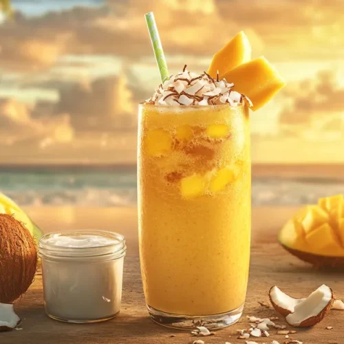 A tropical mango coconut smoothie with fresh mango and coconut