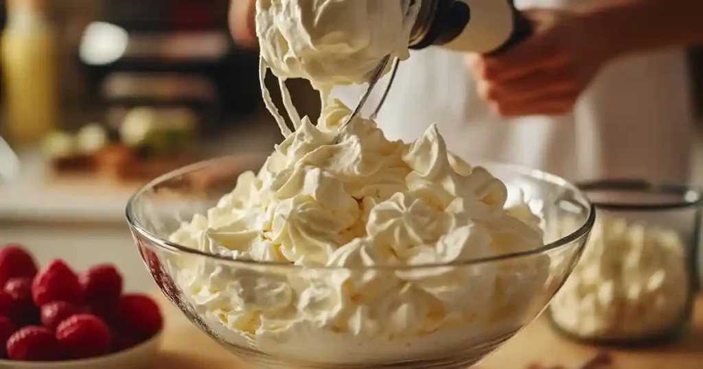 Stiff peaks of whipped cream in a bowl