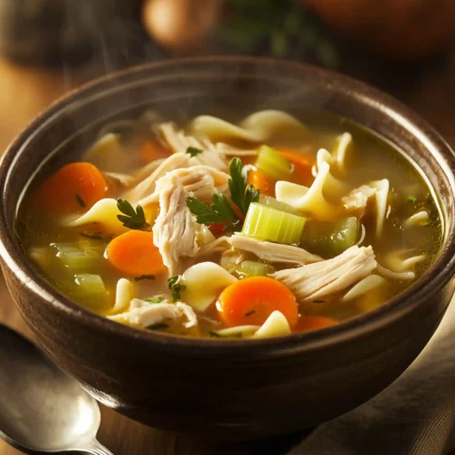 Warm homemade chicken noodle soup with carrots, celery, and noodles in a rich broth.