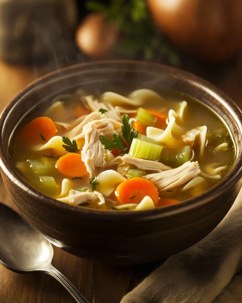 Warm homemade chicken noodle soup with carrots, celery, and noodles in a rich broth.