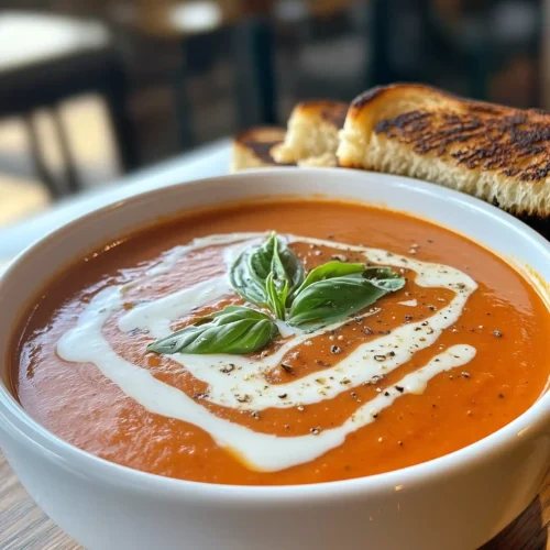 Rich and creamy tomato basil soup with fresh basil leaves and a drizzle of cream.
