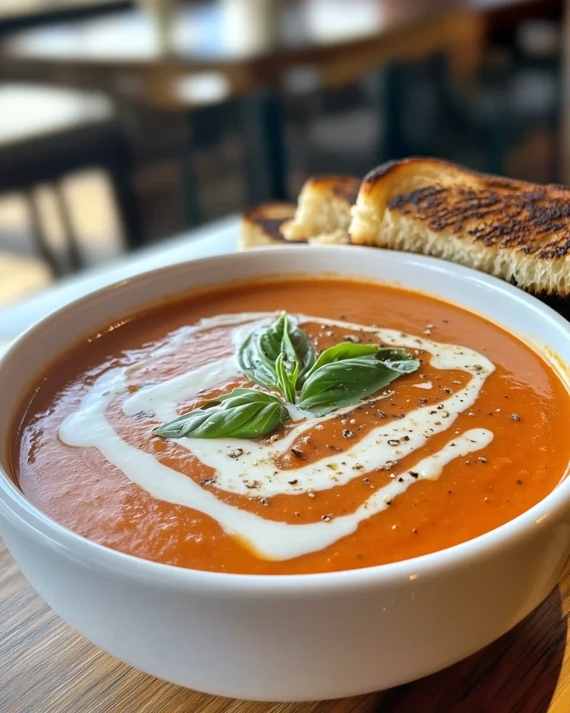 Rich and creamy tomato basil soup with fresh basil leaves and a drizzle of cream.