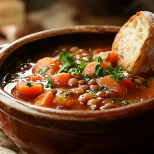 Protein-packed hearty lentil soup with carrots, tomatoes, and fresh parsley.